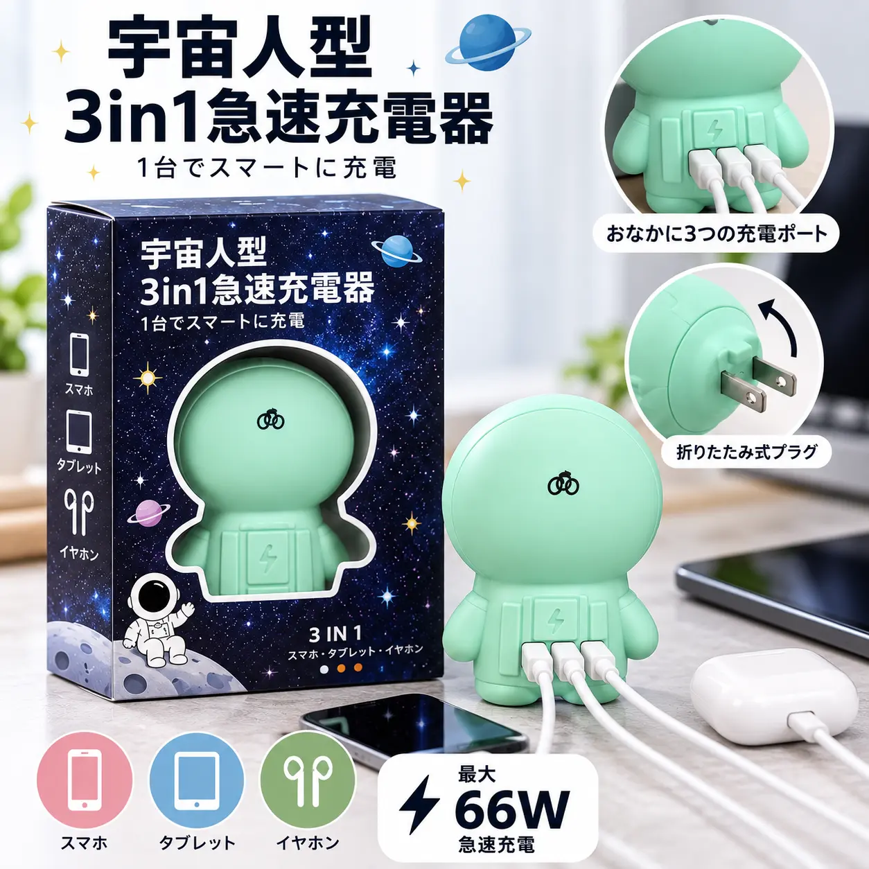 宇宙人型3in1急速充電器